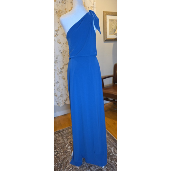 Halston Heritage Blue Crepe One Shoulder Evening Gown 4 Cocktail Formal Gala - Picture 1 of 10